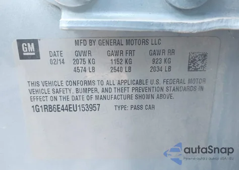 2014 Chevrolet Volt z USA, uszkodzony, nr VIN 1G1RB6E44EU153957